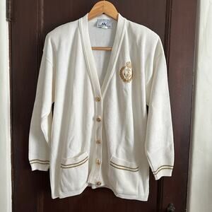 80s Vintage | Bay Point Threads | Nautical Gold and White Crested Cardigan Large